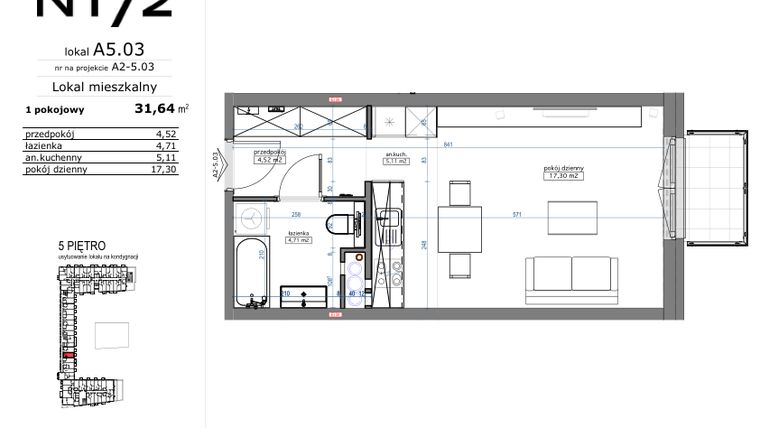 Rzut - Mieszkanie na sprzedaż 1 pokój o powierzchni 31,64 m² - numer A5.03 w Naramowicka 172