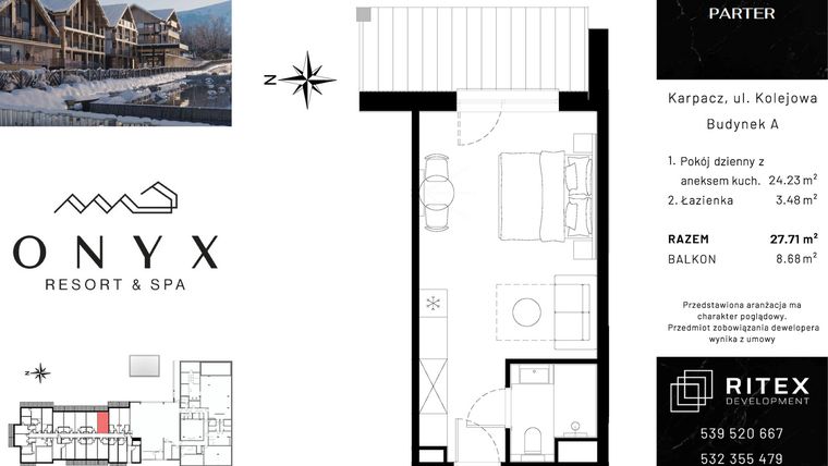 Rzut - Mieszkanie na sprzedaż 1 pokój o powierzchni 27,71 m² - numer 00.A16 w Onyx Resort & Spa