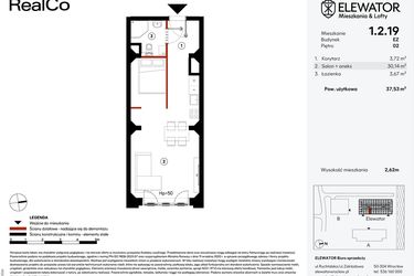 Rzut - Mieszkanie na sprzedaż 1 pokój o powierzchni 37,53 m² - numer EZ.1.2.19 w Elewator - Mieszkania i Lofty