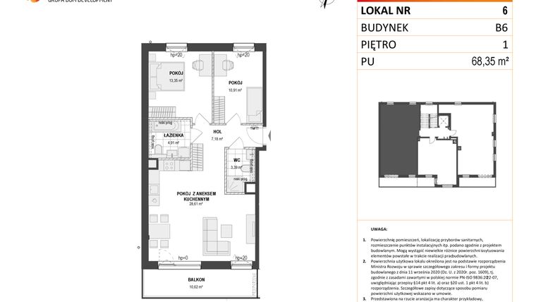 Rzut - Mieszkanie na sprzedaż 2 pokoje o powierzchni 68,47 m² - numer B6 6 w Wzgórze Markowca