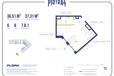 Rzut - Mieszkanie na sprzedaż 1 pokój o powierzchni 36,51 m² - numer 7B1 w Piotra 4