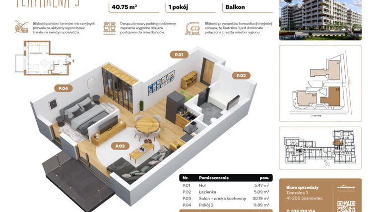 Rzut - Mieszkanie na sprzedaż 1 pokój o powierzchni 40,75 m² - numer B1.B.09 w Teatralna 3