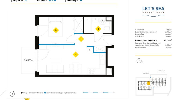 Rzut - Mieszkanie na sprzedaż 2 pokoje o powierzchni 39,26 m² - numer D16 w Let's Sea Baltic Park II