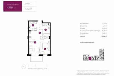 Rzut - Mieszkanie na sprzedaż 2 pokoje o powierzchni 43,84 m² - numer 1.B.1.03 w Murapol Urcity