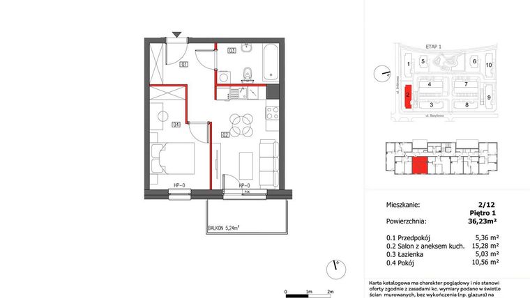 Rzut - Mieszkanie na sprzedaż 2 pokoje o powierzchni 36,23 m² - numer 2/12 w Słoneczny Zakątek