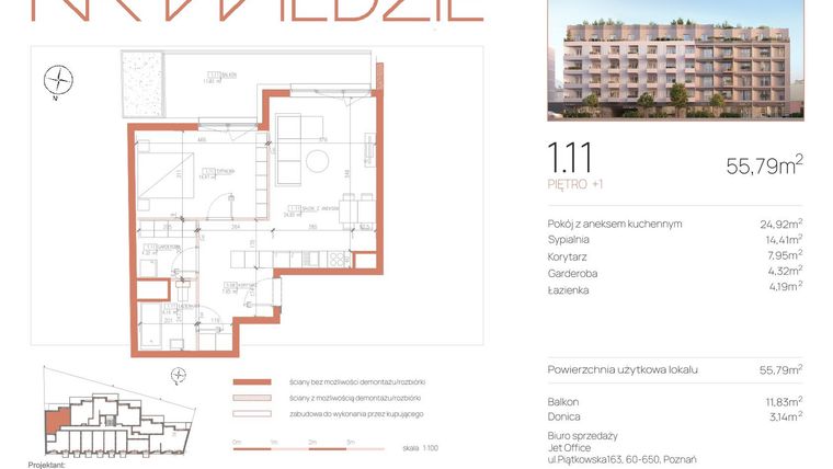 Rzut - Mieszkanie na sprzedaż 2 pokoje o powierzchni 55,79 m² - numer 1.11 w Na Wildzie