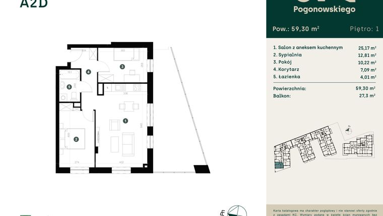 Rzut - Mieszkanie na sprzedaż 3 pokoje o powierzchni 59,28 m² - numer A-2D w Pogonowskiego 73