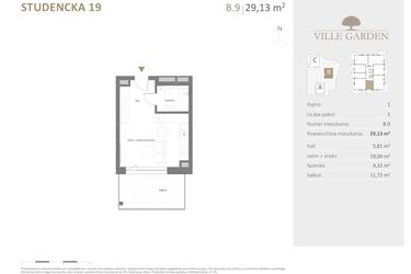 Rzut - Mieszkanie na sprzedaż 1 pokój o powierzchni 29,13 m² - numer B.09 w Ville Garden