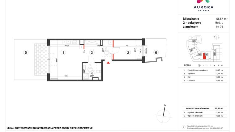 Rzut - Mieszkanie na sprzedaż 2 pokoje o powierzchni 55,57 m² - numer L-76 w Osiedle Aurora - bud. L
