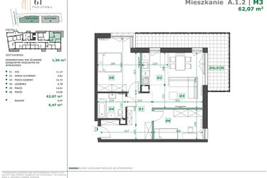 Rzut - Mieszkanie na sprzedaż 3 pokoje o powierzchni 62,42 m² - numer A.1.2 w Apartamenty Pszczyńska