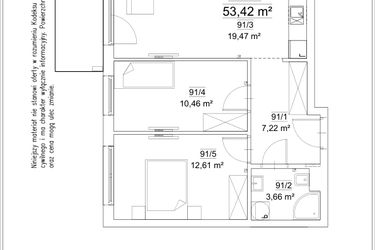 Rzut - Mieszkanie na sprzedaż 3 pokoje o powierzchni 53,42 m² - numer 5B/91 w FORTnatura etap II