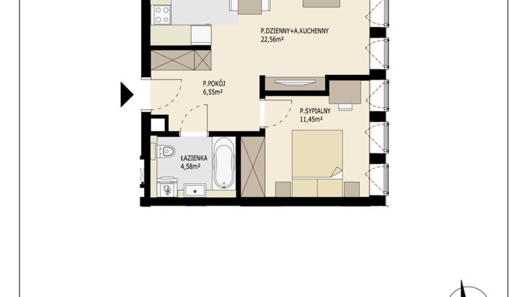 Rzut - Mieszkanie na sprzedaż 2 pokoje o powierzchni 45 m² - numer B4 04/2 w Black Pearl