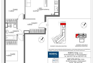 Rzut - Mieszkanie na sprzedaż 3 pokoje o powierzchni 63,54 m² - numer RM/1A/E/2/3 w Rytm Mokotowa - etap 1A