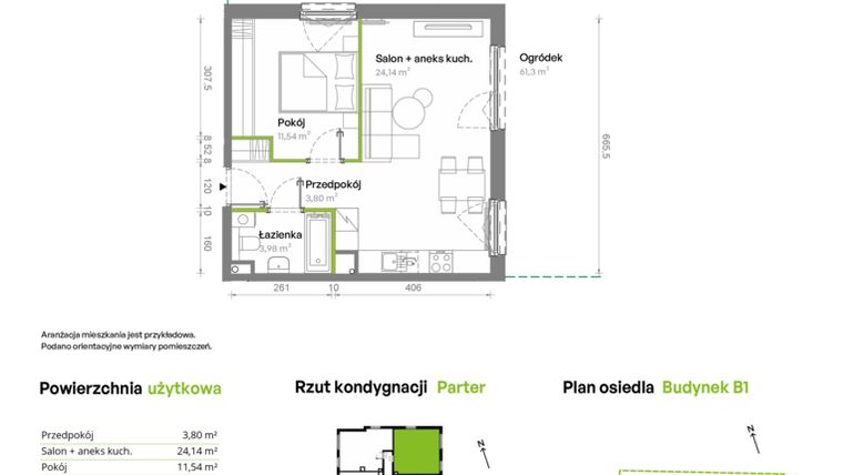 Rzut - Mieszkanie na sprzedaż 2 pokoje o powierzchni 43,46 m² - numer B1.00.07 w Południe Vita
