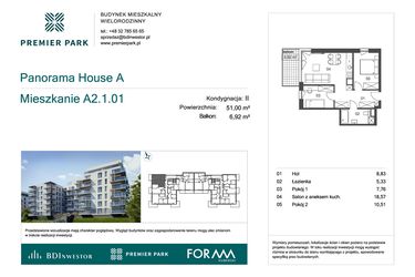 Rzut - Mieszkanie na sprzedaż 3 pokoje o powierzchni 51 m² - numer A2.1.01 w Premier Park II