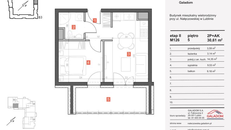Rzut - Mieszkanie na sprzedaż 2 pokoje o powierzchni 30,61 m² - numer M-126 w Nałęczowska etap II