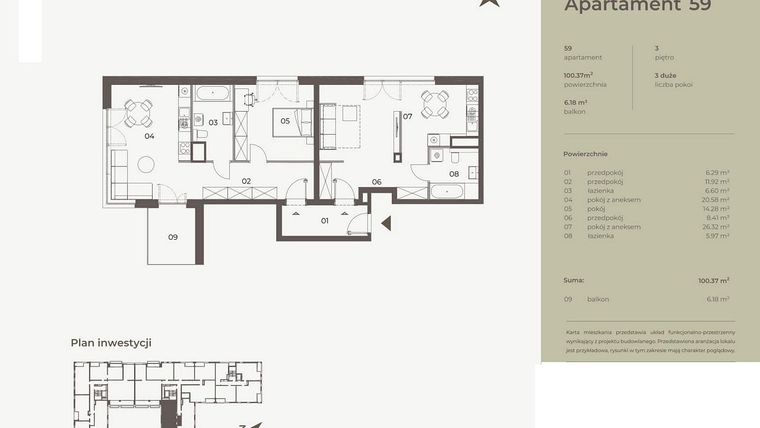Rzut - Mieszkanie na sprzedaż 2 pokoje o powierzchni 100,37 m² - numer 59 w Monument