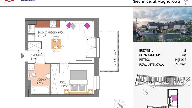 Rzut - Mieszkanie na sprzedaż 2 pokoje o powierzchni 35,53 m² - numer Bud.8-6 w Willa Magnolia