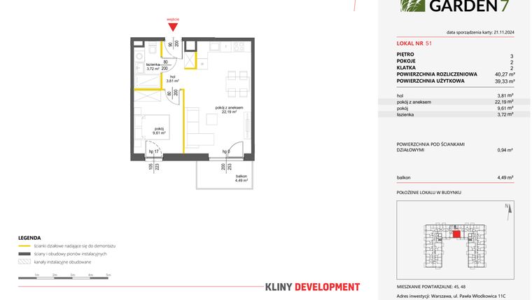 Rzut - Mieszkanie na sprzedaż 2 pokoje o powierzchni 40,27 m² - numer 51 w Nova Viva Garden 7