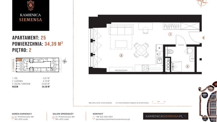 Rzut - Mieszkanie na sprzedaż 1 pokój o powierzchni 34,39 m² - numer 25 w Kamienica Siemensa