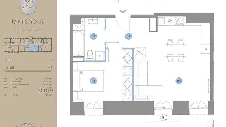 Rzut - Mieszkanie na sprzedaż 2 pokoje o powierzchni 49,14 m² - numer 46 w Oficyna - mieszkania