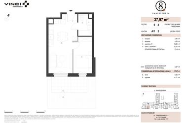 Rzut - Mieszkanie na sprzedaż 2 pokoje o powierzchni 37,97 m² - numer A/1/0.4 w Smardzewska 8
