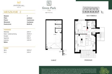 Rzut - Mieszkanie na sprzedaż 2 pokoje o powierzchni 44,28 m² - numer B1M2 w Green Park Villa etap III