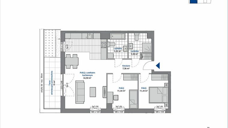 Rzut - Mieszkanie na sprzedaż 3 pokoje o powierzchni 75,96 m² - numer 1.3 w SEAHall