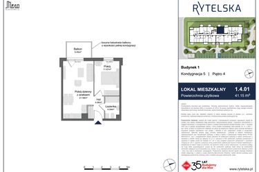 Rzut - Mieszkanie na sprzedaż 2 pokoje o powierzchni 41,15 m² - numer 1.4.01 w Rytelska