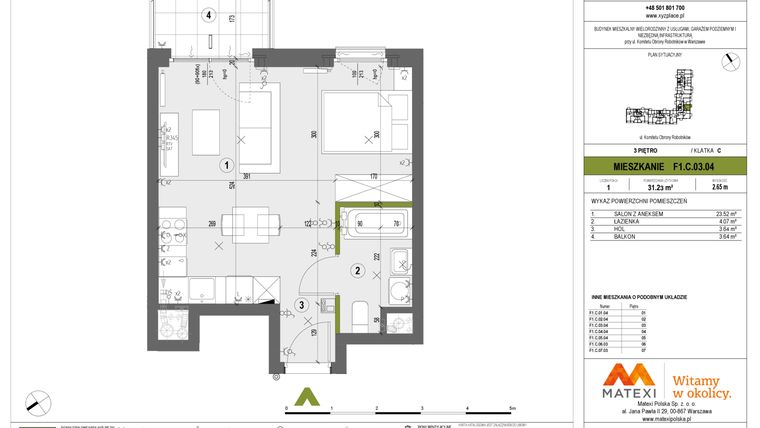 Rzut - Mieszkanie na sprzedaż 1 pokój o powierzchni 31,23 m² - numer F1.C.03.04 w XYZ Place