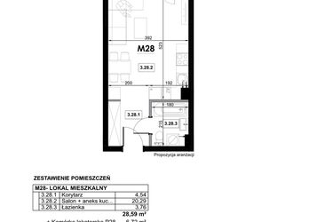 Rzut - Mieszkanie na sprzedaż 1 pokój o powierzchni 28,59 m² - numer M28 w Miejska Premium II
