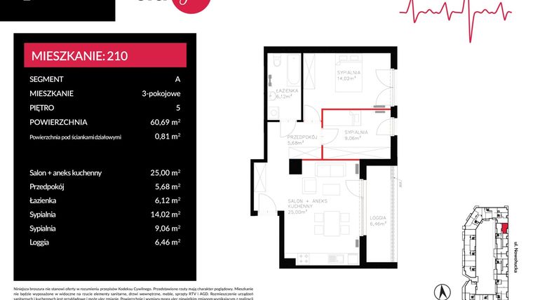 Rzut - Mieszkanie na sprzedaż 3 pokoje o powierzchni 60,69 m² - numer A_210 w Imperial Citi Yes