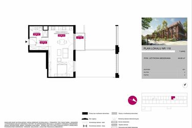 Rzut - Mieszkanie na sprzedaż 1 pokój o powierzchni 44,61 m² - numer G1.118 w Fuzja Mieszkania Loftowe