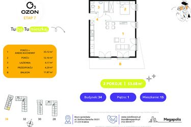 Rzut - Mieszkanie na sprzedaż 2 pokoje o powierzchni 53,68 m² - numer 34.15 w Osiedle Ozon etap VII
