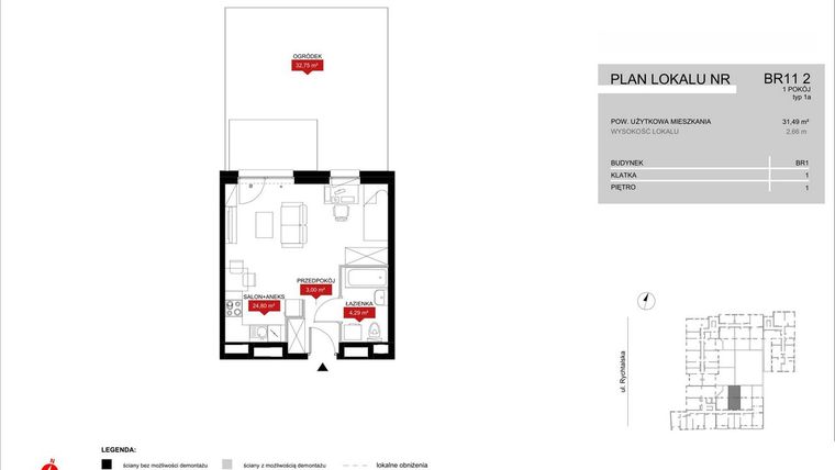 Rzut - Mieszkanie na sprzedaż 1 pokój o powierzchni 32,09 m² - numer BR11/2 w Browary Wrocławskie 2