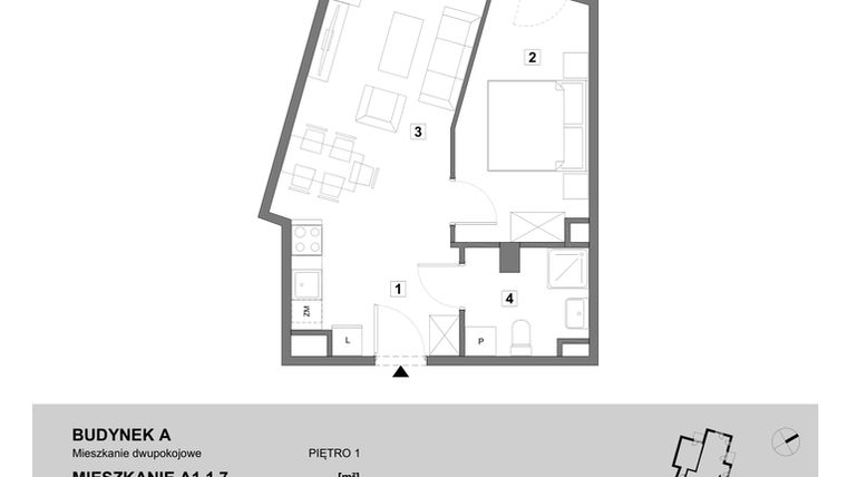 Rzut - Mieszkanie na sprzedaż 2 pokoje o powierzchni 45,14 m² - numer A1.1.7 w ATAL Grabiszyn
