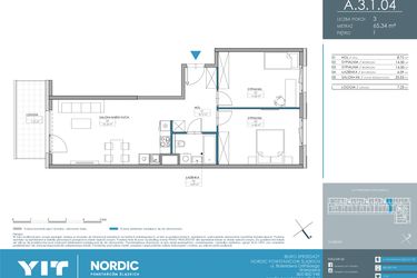 Rzut - Mieszkanie na sprzedaż 3 pokoje o powierzchni 65,34 m² - numer 1.3.1.04 w Nordic Powstańców Śląskich