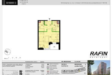 Rzut - Mieszkanie na sprzedaż 1 pokój o powierzchni 33,52 m² - numer L3.K3.06 w Wybrzeże Reymonta 3