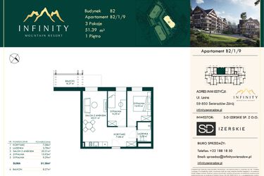 Rzut - Mieszkanie na sprzedaż 3 pokoje o powierzchni 51,39 m² - numer B2.1.9 w Infinity Mountain Resort