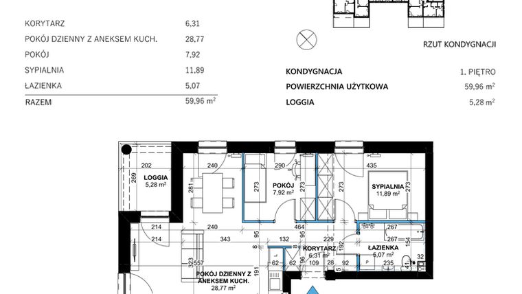 Rzut - Mieszkanie na sprzedaż 3 pokoje o powierzchni 59,97 m² - numer 1 w Comfort Corner