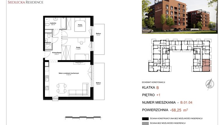 Rzut - Mieszkanie na sprzedaż 3 pokoje o powierzchni 68,25 m² - numer B-01-04 w Siedlecka Residence