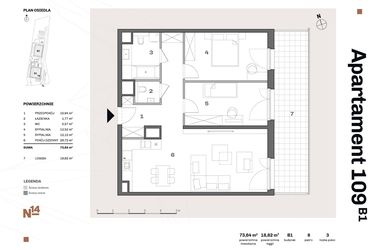 Rzut - Mieszkanie na sprzedaż 3 pokoje o powierzchni 74,13 m² - numer B1.109 w Nadgórników 14