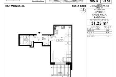 Rzut - Mieszkanie na sprzedaż 1 pokój o powierzchni 31,25 m² - numer JAR-II-B-LM-M38 w Osiedle JAR Heweliusza etap II