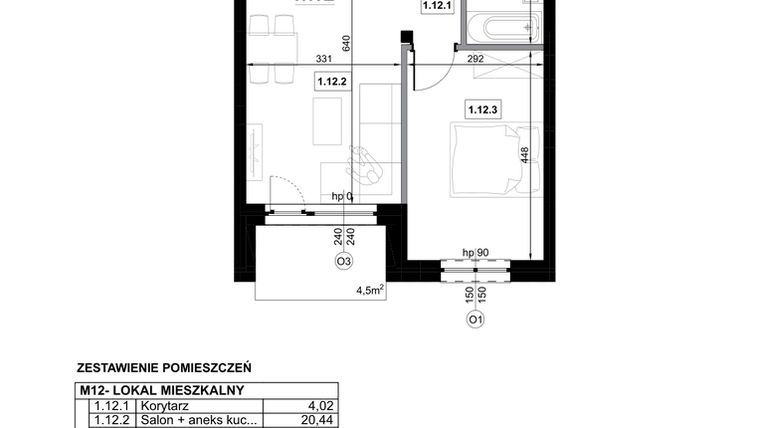 Rzut - Mieszkanie na sprzedaż 2 pokoje o powierzchni 41,96 m² - numer M12 w Miejska Premium II