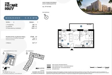 Rzut - Mieszkanie na sprzedaż 1 pokój o powierzchni 37,96 m² - numer C.3.2.M18 w Nowe Promenady etap II
