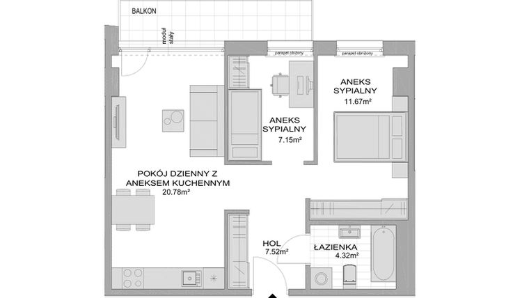 Rzut - Mieszkanie na sprzedaż 1 pokój o powierzchni 53,42 m² - numer CP/R7/42 w Centralpark