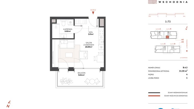 Rzut - Mieszkanie na sprzedaż 1 pokój o powierzchni 31,22 m² - numer B.4.3 w Drucianka Wschodnia