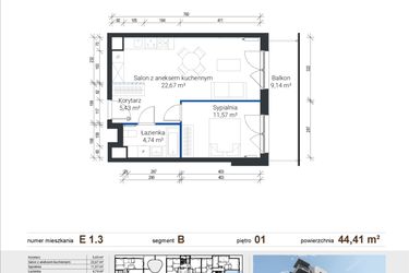 Rzut - Mieszkanie na sprzedaż 2 pokoje o powierzchni 44,41 m² - numer E 1.3 w Nowe Zabłocie