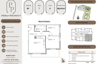 Rzut - Mieszkanie na sprzedaż 3 pokoje o powierzchni 68,43 m² - numer B1.1_5 w Perła Północy etap 2