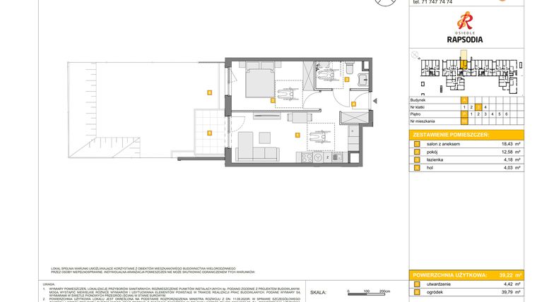 Rzut - Mieszkanie na sprzedaż 2 pokoje o powierzchni 39,22 m² - numer A.69 w Osiedle Rapsodia